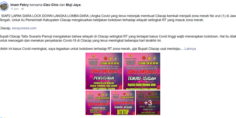 Tangkapan layar unggahan Facebook yang sebut Cilacap zona merah Covid-10 nomor urut 1 di Jawa Tengah