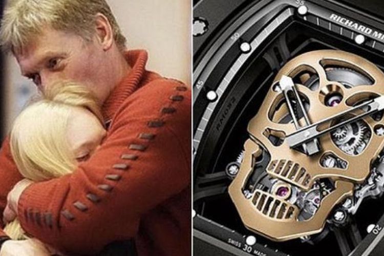 Juru bicara Presiden Vladimir Putin, Dmitry Peskov (kanan) dan jam tangan mewah merek Richard Mille yang konon berharga 620.000 dolar AS (kiri).