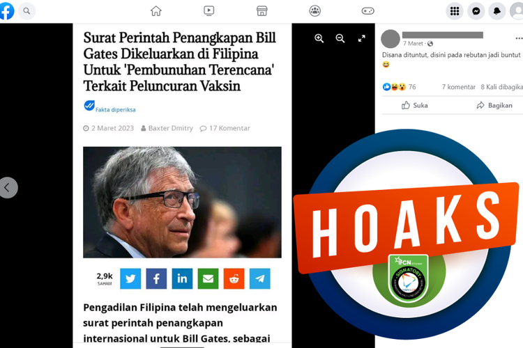 Tangkapan layar unggahan dengan narasi hoaks di sebuah akun Facebook, 7 Maret 2023, soal artikel surat perintah penangkapan Bill Gates dari Filipina.