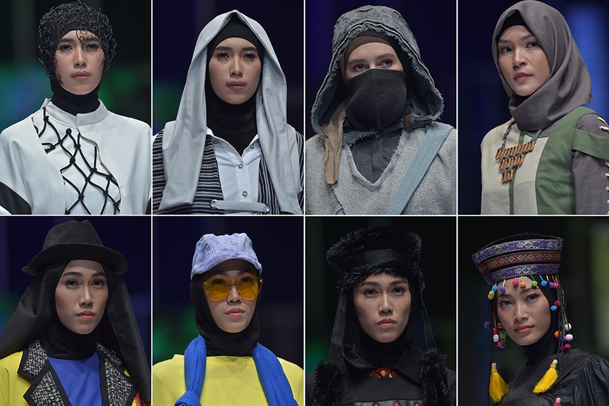 Kompilasi sejumlah model memperagakan kreasi busana muslim pada Muslim Fashion Festival 2018 di Jakarta Convention Center, Kamis (19/4/2018). Ajang peragaan busana yang bertujuan menjadikan Indonesia sebagai pusat mode muslim dunia itu diselenggarakan mulai 19-22 April, serta melibatkan 100 desainer lokal dan internasional.