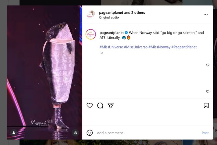 Tangkapan layar Miss Norwegia mengenakan kostum salmon pada babak preliminary Miss Universe 2025 di Bangkok, Thailand, pada Rabu (19/11/2025).