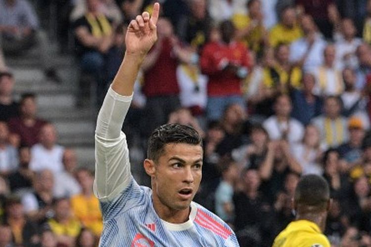 Cristiano Ronaldo ketika merayakan golnya pada laga pertama Grup F Liga Champions yang mempertemukan Young Boys vs Man United di Wankdorf Stadium, Selasa (14/9/2021) malam WIB.