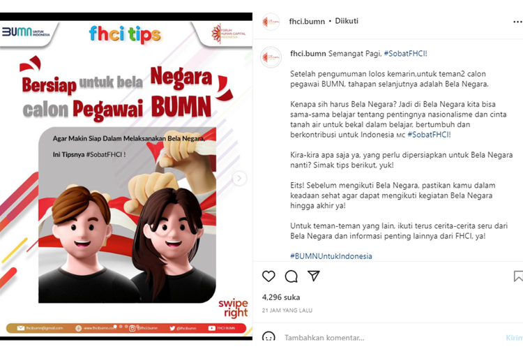 Tangkapan layar unggahan akun Instagram Forum Human Capital Indonesia (FHCI) BUMN, @fhci.bumn soal bela negara calon pegawai BUMN.