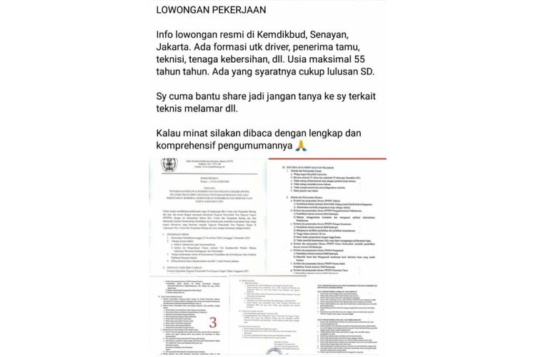 Status Facebook keliru soal info lowongan pegawai non-pegawai negeri di Biro Umum dan Pengadaan Barang dan Jasa Setjen Kemendikbud. 