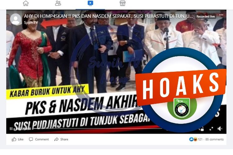 Tangkapan layar Facebook narasi yang menyebut Susi Pudjiastuti resmi ditunjuk PKS dan Nasdem menjadi cawapres Anies Baswedan