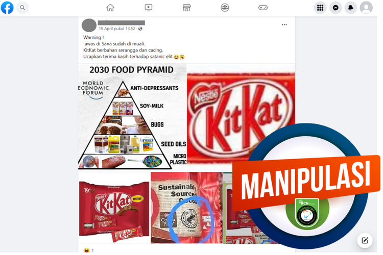 Tangkapan layar konten manipulasi di sebuah akun Facebook, 19 April 2023, soal label produk KitKat berbahan serangga dan cacing.