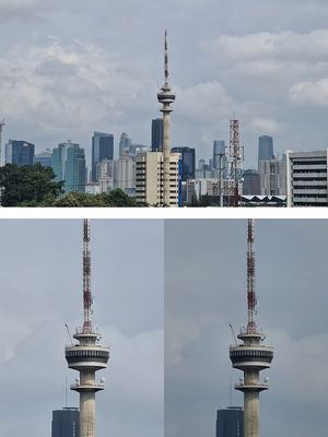 Tingkat zoom 10x pada Galaxy S20 Ultra (foto kanan) memperlihatkan hasil identik dengan foto hasil zoom 4x yang diperbesar (foto kiri). Foto atas adalah jangkauan bidang pandang dari zoom 4x sebagai referensi. 