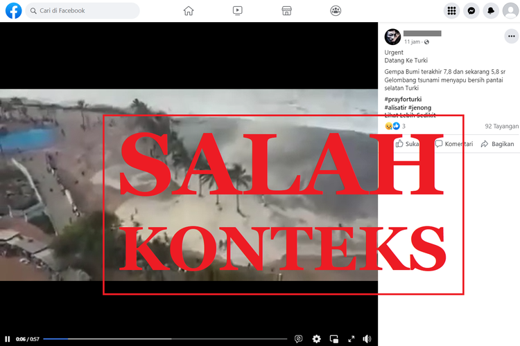 Tangkapan layar unggahan dengan narasi salah di sebuah akun Facebook, Senin (6/2/2023), soal video tsunami setelah gempa berkekuatan M 7,8 yang melanda Turki.
