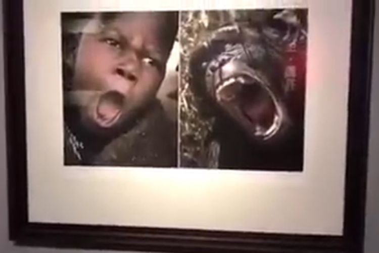 Salah satunya adalah gambar yang menunjukkan anak Afrika dengan mulut terbuka,  disandingkan dengan foto seekor monyet berpose sama.

