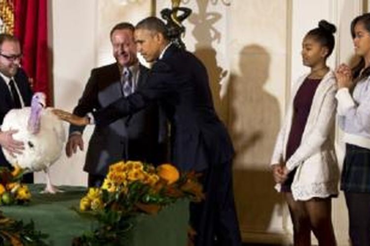Presiden AS Barack Obama, bersama putri-putrinya Sasha dan Malia, dalam ritual mengampuni kalkun 2014. 