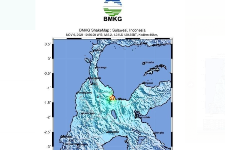 Tangkapan layar gempa berkekuatan 5,4 magnitudo yang terjadi di Poso, Sulawesi Tengah pada Sabtu (6/11/2021) pukul 10.26 WIB.