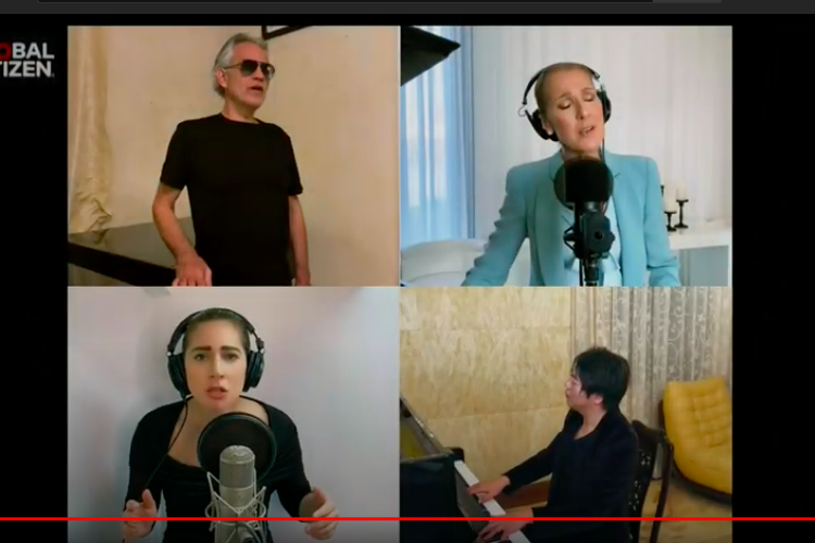 Lady Gaga, Celine Dion, Andrea Bocelli, dan John Legend diiringi Lang Lang membawakan lagu Pray dalam konser virtual One World: Together At Home