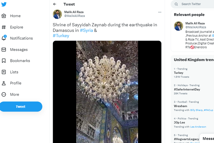 Tangkap layar kondisi Masjid Sayyidah Zaynab di Damaskus saat gempa Turkiye.