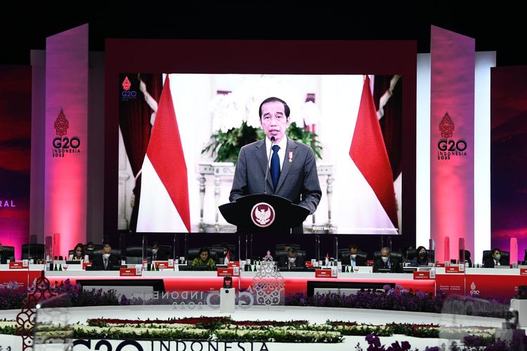 Indonesia's President Joko Widodo delivers his remarks at the opening of a meeting of finance leaders from the Group of 20 major economies hosted by Indonesia in JCC Senayan, Jakarta on Thursday, Feb. 17, 2022. 