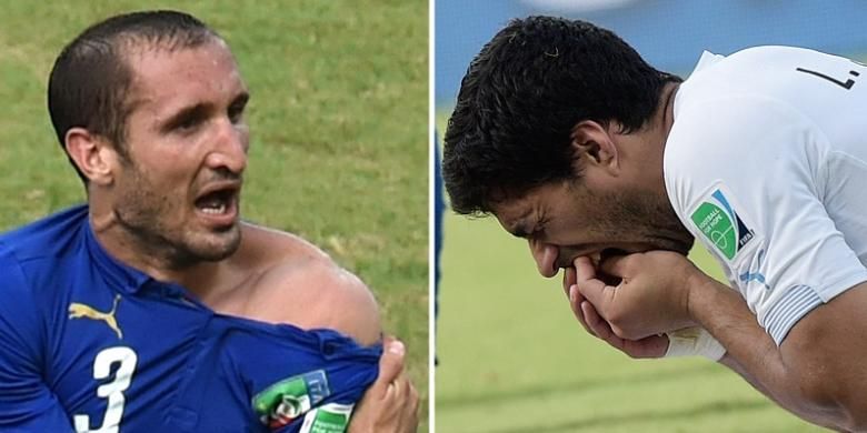 Luis Suarez menggigit pundak Giorgio Chiellini saat Piala Dunia 2014 di Brasil.