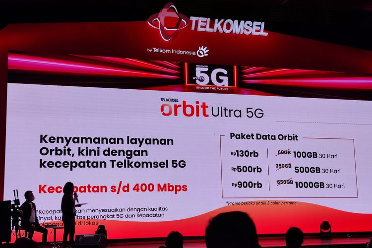 Keterangan harga paket internet 5G untuk pelanggan dengan modem Orbit, dalam acara peresmian layanan 5G Telkomsel di Jakarta, Kamis (27/5/2021)