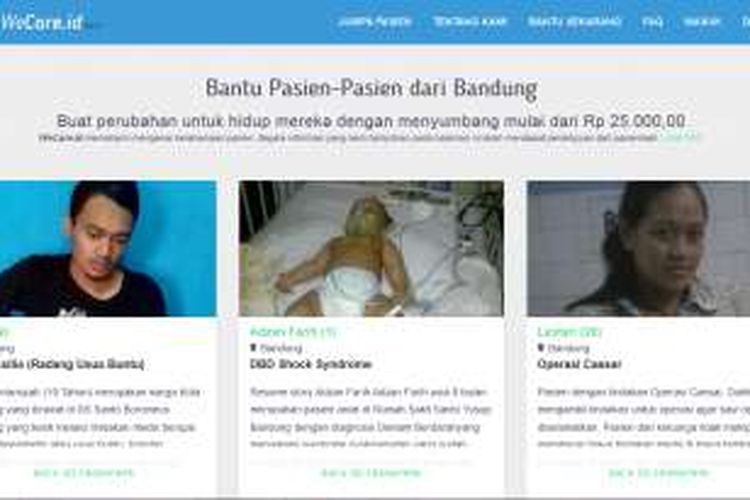 Halaman situs web wecare.id/bandung menampilkan daftar orang sakit di Bandung yang memerlukan bantuan.