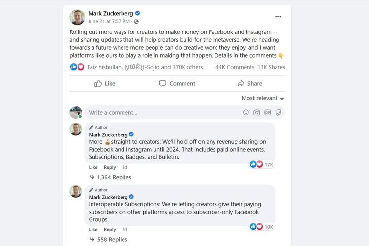 Positngan Mark Zuckerberg soal mometisasi kreator IG dan FB