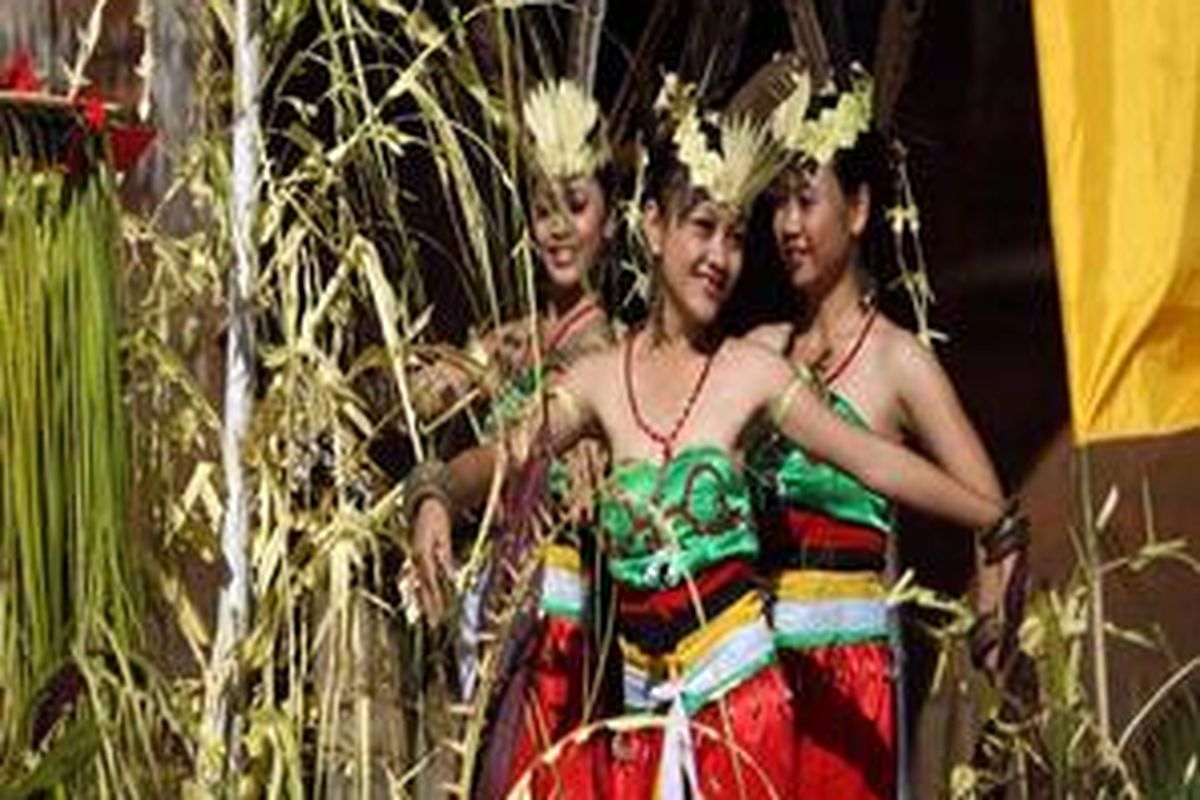 Peserta lomba jukung hias menari di atas jukung saat mengarungi Sungai Kahayan, Palangkaraya, Kalimantan Tengah, dalam Festival Budaya Dayak Isen Mulang, Senin (23/5). Selain jukung hias, masih ada 16 seni dan budaya Dayak yang dilombakan dalam Isen Mulang tahun ini, antara lain menebang pohon dan menyumpit atau manyipet.