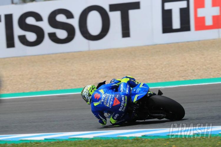 Pebalap Suzuki Ecstar Andrea Iannone saat menjalani sesi latihan bebas GP Spanyol di Sirkuit Jerez, Sabtu (5/5/2018).