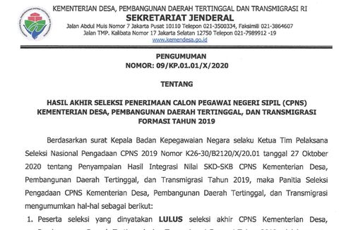 Seleksi CPNS 2019 di Kemendes PDTT Telah Diumumkan, Simak Link dan Informasinya...