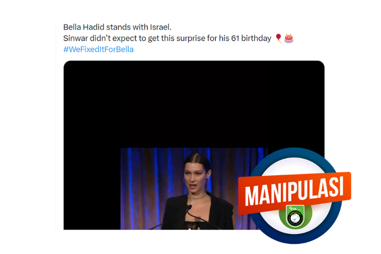 Tangkapan layar video pernyataan Bella Hadid mendukung Israel. Suara Bella Hadid dalam video tersebut telah dimanipulasi menggunakan AI.
