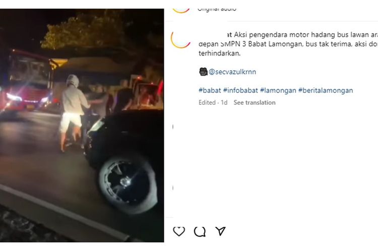 Video viral pengendara motor diamuk sejumlah orang saat adang bus lawan arah di Lamongan