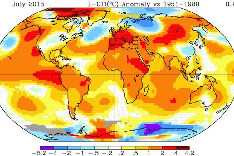 Ilustrasi catatan suhu panas bumi pada Juli 2015 menurut pantauan NASA