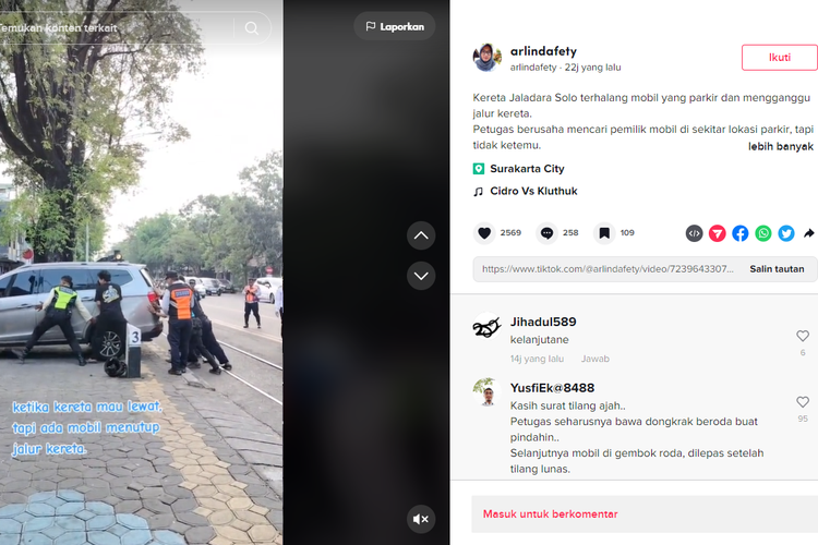 Tangkapan layar unggahan video TikTok memperlihatkan sejumlah petugas berusaha menyingkirkan mobil yang menutupi jalur rel di Jalan Slamet Riyadi, Solo, Jawa Tengah.