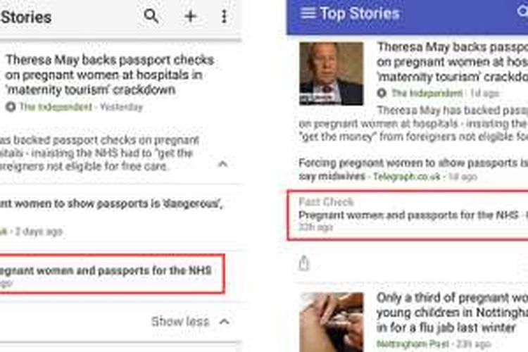 Kotak merah menunjukkan label Fact Check pada Google News