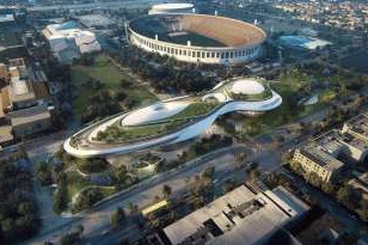 Desain bangunan Lucas Museum of Narrative Art yang akan dibangun di Los Angeles, California, tampak dari atas. Proyek museum itu senilai 1 miliar dollar AS (Rp 13,3 triliun).
