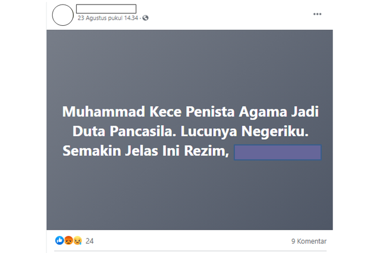 Tangkapan layar unggahan hoaks yang menyebutkan Muhammad Kece dijadikan sebagai Duta Pancasila.