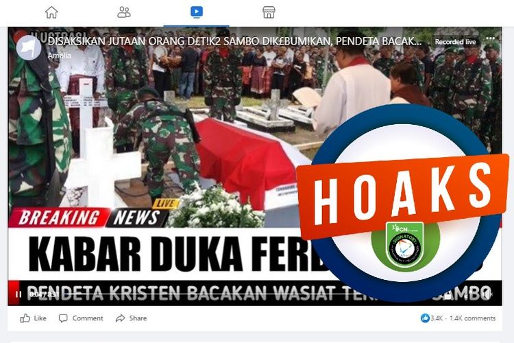 Tangkapan layar Facebook narasi yang menyebut bahwa Ferdy Sambo telah dikebumikan dan seorang pendeta membacakan wasiat terakhirnya