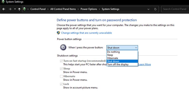 Menu Control Panel untuk mengatur apa yang akan dilakukan komputer ketika tombol power ditekan