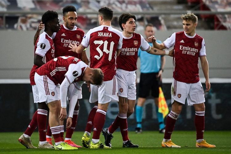 Arsenal saat melawan Benfica di leg kedua babak 32 besar Liga Europa di Stadion Georgios Karaiskakis, Kamis (25/2/2021) waktu setempat atau Jumat (26/2/2021) dini hari WIB. 