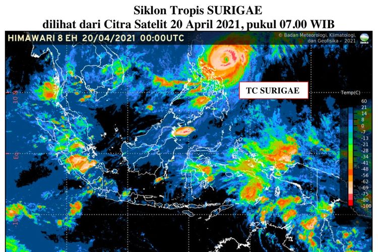 Siklon tropis Surigae yag terpantau pada 20 Aoril 2021 pukul 07.00 wIB