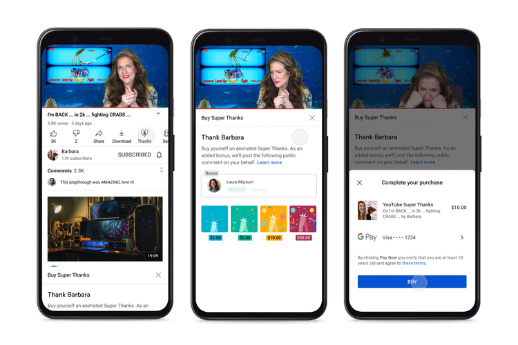 fitur Super Thanks untuk memberikan tip kepada YouTuber.