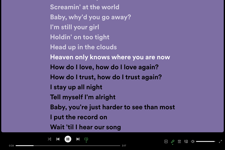 Lirik lagu di Spotify juga bisa langsung diklik untuk berpindah bagian lagu tertentu