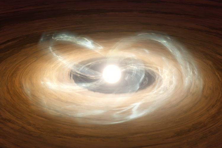 Ilustrasi suatu bintang muda yang dikelilingi oleh protoplanet