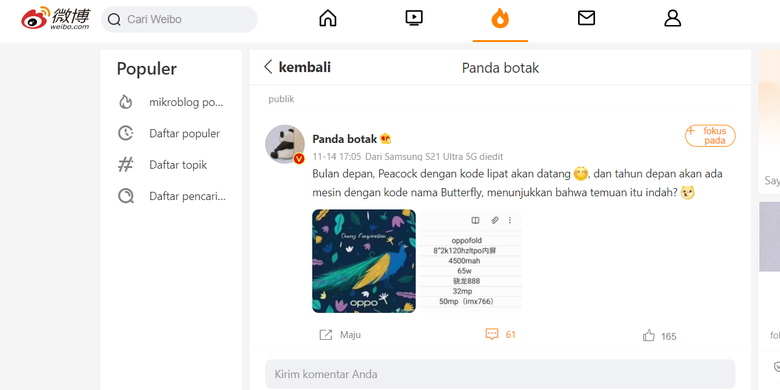 Tangkapan layar postingan tipster China di Weibo (sudah dalam terjemahan bahasa Indonesia). Berisi bocoran spesifikasi dan jadwal rilis ponsel lipat pertama Oppo, Oppo Fold.