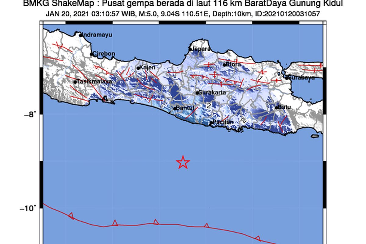 Gempa M 5,0 guncang Laut Selatan Jawa, 116 kilometer arah Barat daya Gunung Kidul pada pukul 3.10 WIB. Satu menit setelahnya, gempa berkekuatan sama mengguncang Laut Selatan Jawa lagi. Lokasinya 98 kilometer arat Barat Daya Pacitan, Jawa Timur.