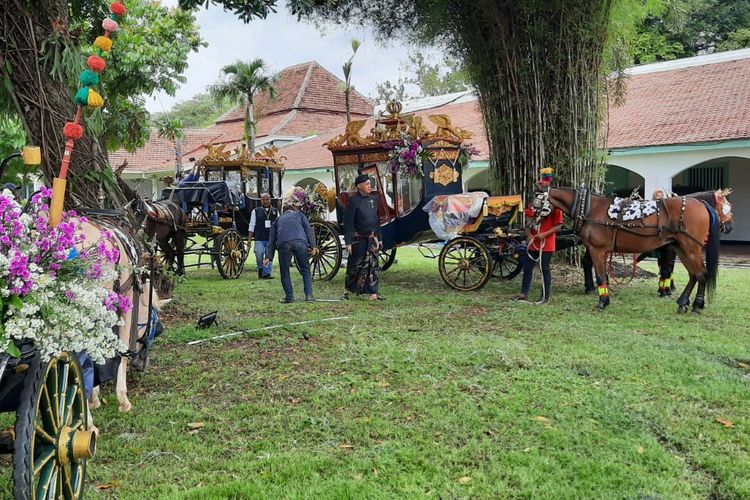 Melati dan Agustine, dua kuda yang dipersiapkan untuk menarik kereta kencana dalam acara Tingalan Jumenengan, atau Peringatan Naik Takhta Mangkunegara yang pertama di Pura Mangkunegaran, Solo, Jawa Tengah, Rabu (1/3/2023).