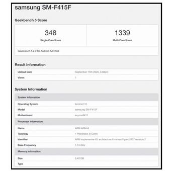 Tangkapan layar skor benhcmark Geekbench Samsung Galaxy F41 dengan nomor model SM-F415F