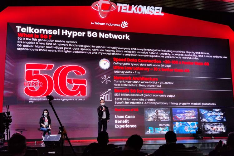 Direktur Network Telkomsel, Nugroho memaparkan layanan 5G Telkomsel di Indonesia dalam acara Unlock the Future di Telkom Hub, Jakarta, Kamis (27/5/2021).