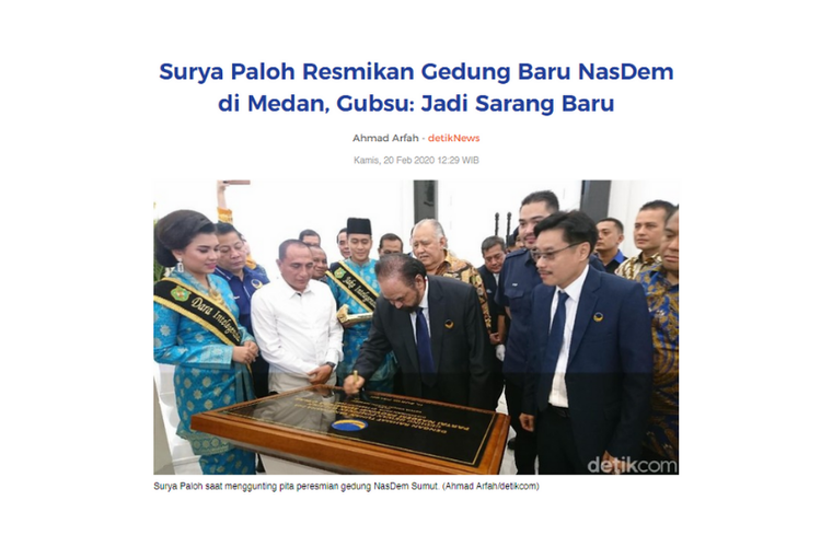 Tangkapan layar Surya Paloh resmikan gedung baru Nasdem di Medan