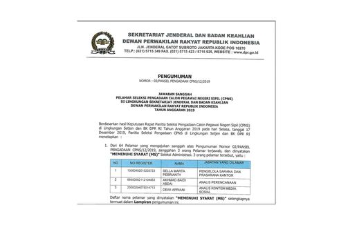 Setjen DPR RI Umumkan Hasil Final Seleksi Administrasi CPNS 2019