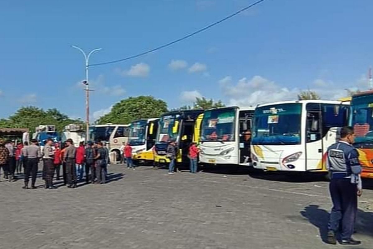 Bus yang disiapkan Ikawangi dan Pemkab Banyuwangi untuk orang Banyuwangi yang merantau di Bali. Para perantau yang merupakan anggota Ikawangi akan mendapat fasilitas mudik gratis saat Lebaran 2024.