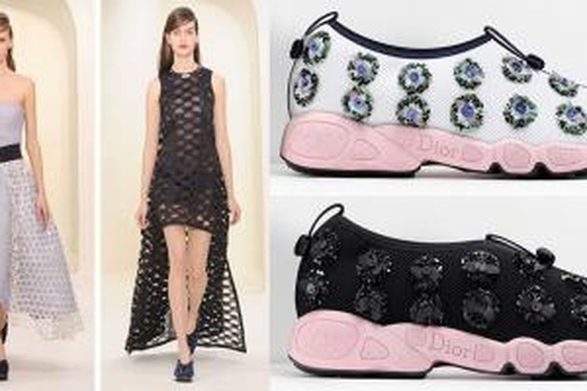 Tampil rumah mode Dior yang menggabungkan tampilan feminin dengan sepatu kasual.