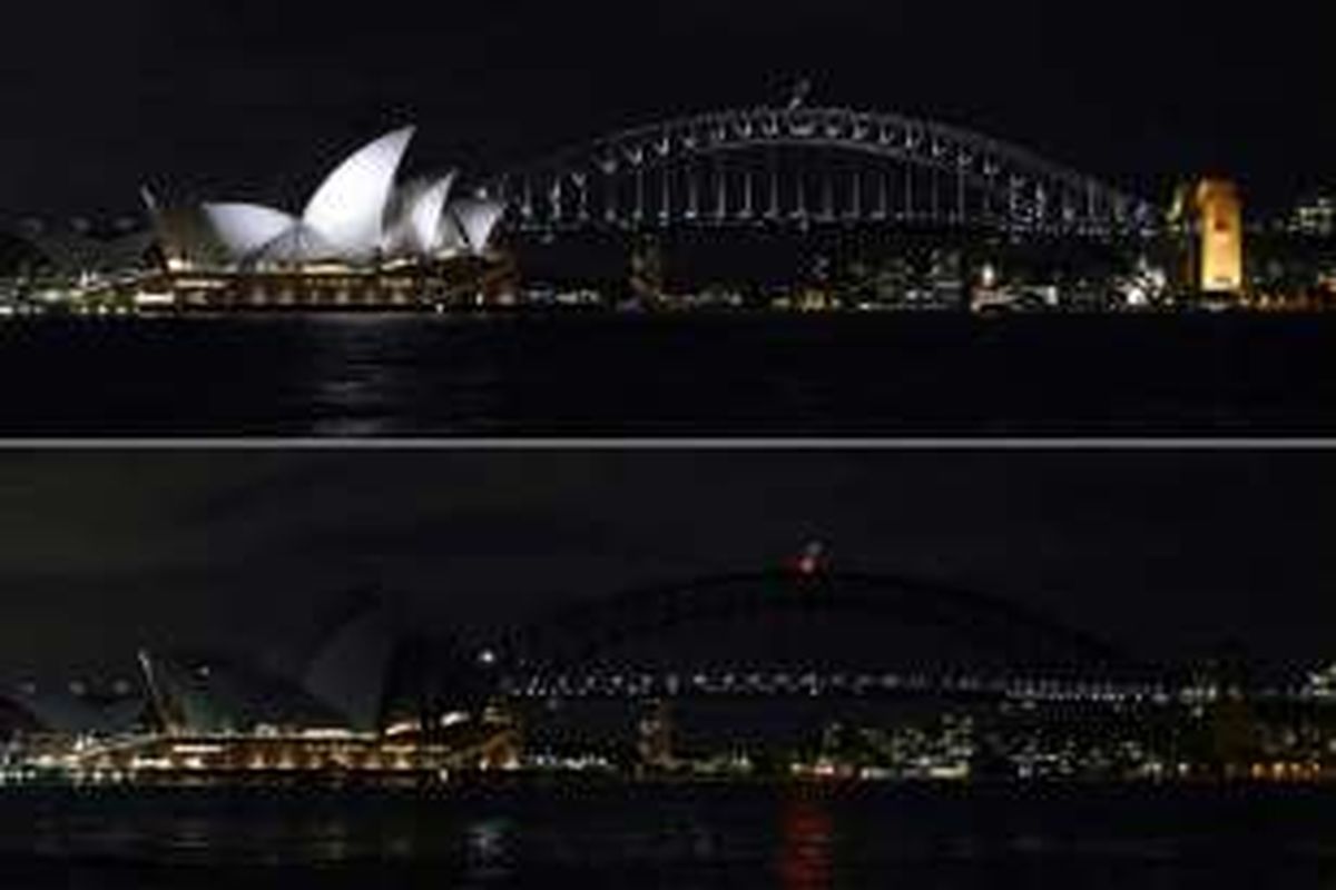 Kombinasi foto menunjukkan Sydney Opera House sebelum dan saat pemadaman listrik (atas - bawah), dalam peringatan Earth Hour, 19 Maret 2016. Dalam kampanye tahunan sebagai pengingat bahaya perubahan iklim itu dilakukan pemadaman listrik global selama 60 menit.