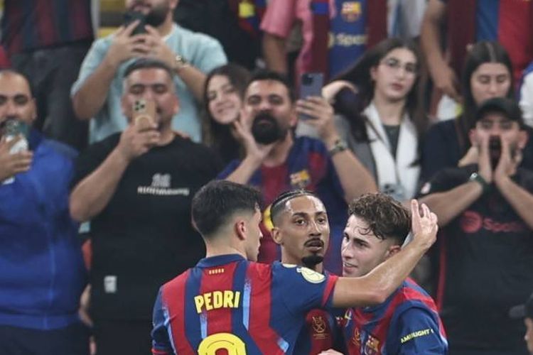Momen selebrasi gol Fermin Lopez dalam partai semifinal Piala Super Spanyol 2025 Barcelona vs Athletic Club di Stadion King Abdullah Sports City, Jeddah, 7 Januari 2026.
